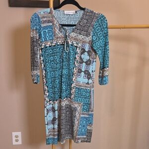 Veronica M Teal Patchwork Print Long Sleeve Tie-Neck Dress